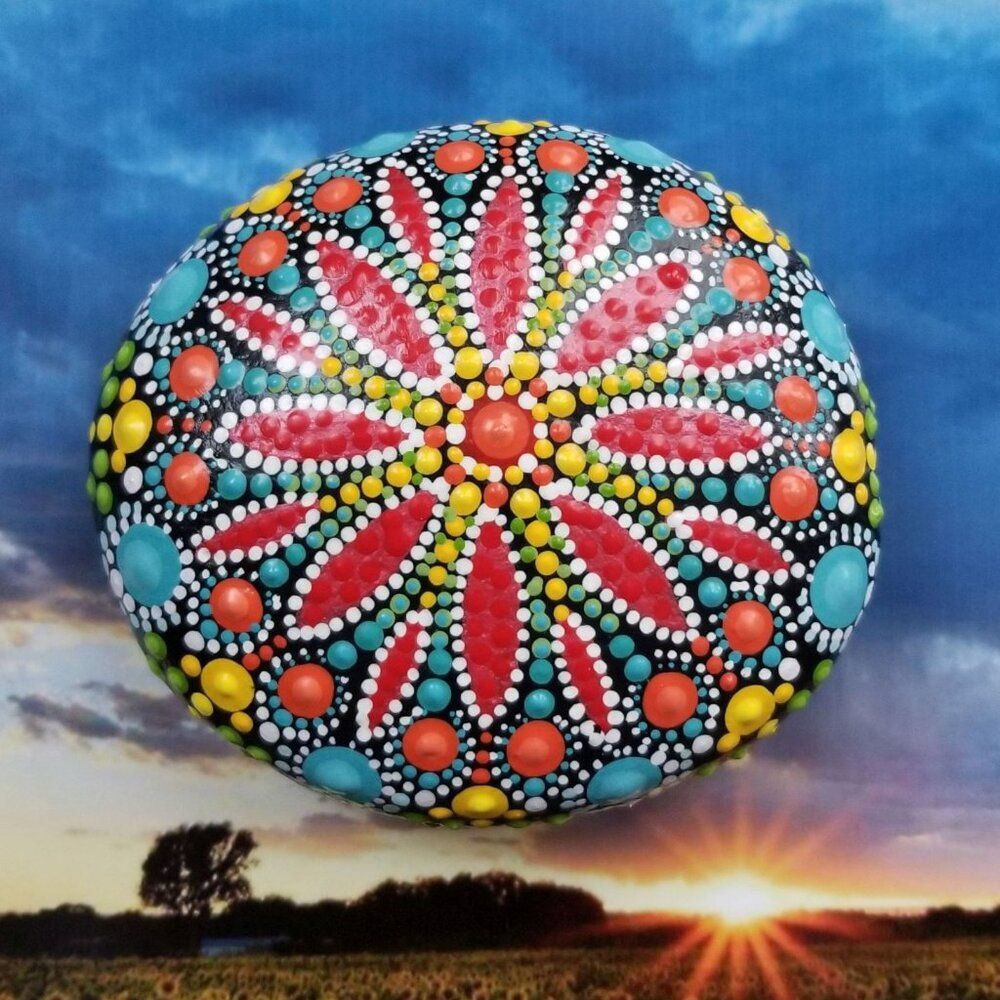 OOAK Hand Painted Dot Art Mandala Large River Stone Gift Paperweight Decoration